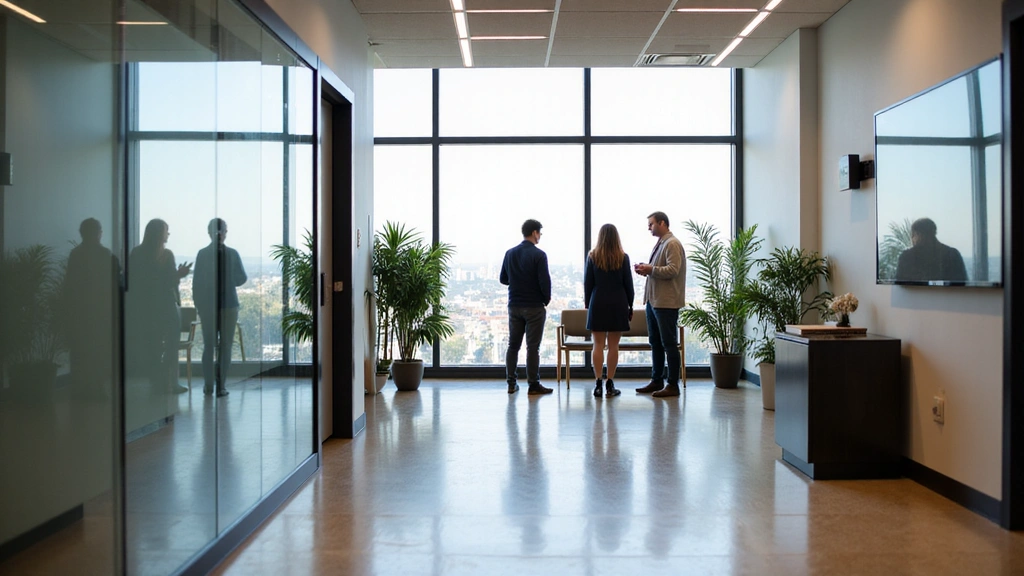 Blick auf ein modernes Bürogebäude mit Menschen, die zusammenarbeiten und kommunizieren.