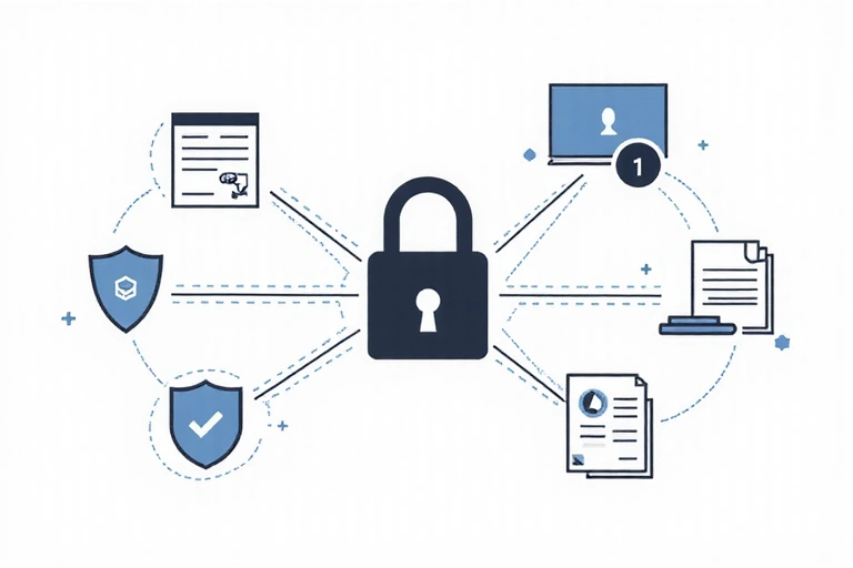 Illustration von Datenschutzsymbolen: Schloss, Schild und Dokumente